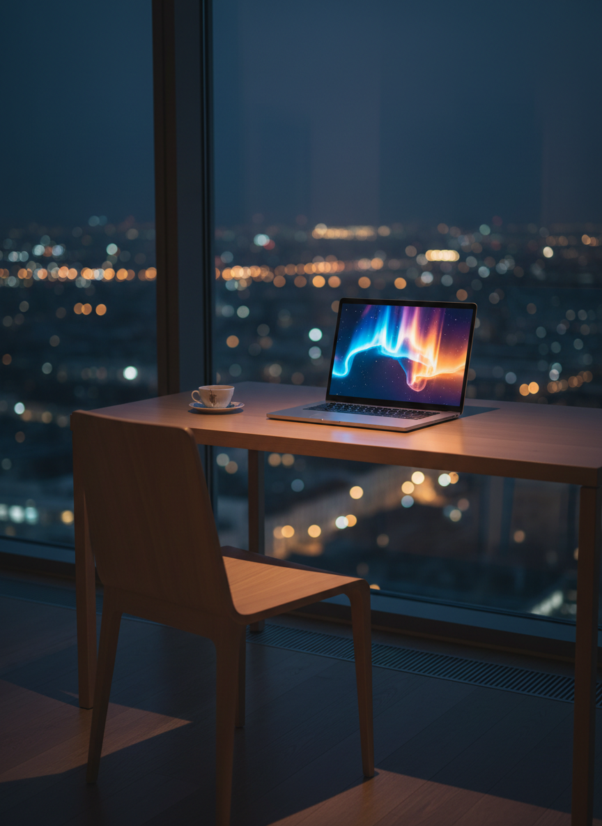 An empty wooden chair with clean, modern lines placed before a simple desk in a quiet high-rise apartment, suggesting a presence that has just stepped away. On the desk sits an open laptop displaying a luminous, abstract interface with flowing, aurora-like light forms instead of text, implying profound online messages. Nighttime city lights glitter softly through the floor-to-ceiling window behind, reflected faintly on the glass and desk surface. Cool, dim interior lighting combines with the warm glow of digital screens, creating a serene yet slightly uncanny atmosphere. Photographic realism with a three-quarter angle, balanced composition, and subtle bokeh in the background, evoking the feeling of private conversations with a wise, unseen teacher in a transformed modern world.