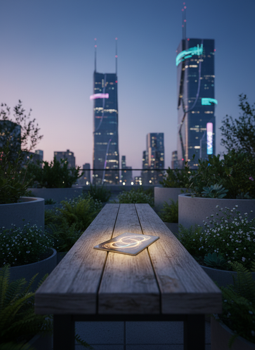 A quiet urban rooftop garden at dusk, empty of people, with a single slim tablet resting on a weathered wooden bench. The tablet screen emits a soft, warm glow with a non-readable, gently swirling pattern that implies compassionate online messages. Around it, planters overflow with resilient greenery and small white flowers, contrasted against distant, futuristic skyscrapers outlined by subtle holographic signage. The sky is painted in soft violets and deep blues as city lights begin to shimmer. The primary light source is the fading natural light, accented by the tablet’s glow, which casts a gentle halo on the wood grain. Photographic realism, shot from a low, close angle with shallow depth of field, evoking hope, quiet transformation, and contemplative connection in a modern world.